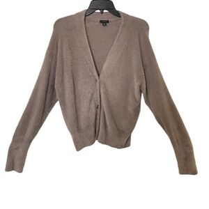 Ann Taylor Factory Fuzzy Button Front Cardigan Sweater Taupe Gray Size Medium